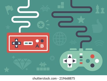 Gaming controllers and game icons and symbol elements.