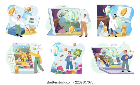 Gaming with cryptocurrency, gameplay to earn, Metaverse, digital world, virtual character . Play to earn games created on basis of blockchain project with elements of NFT. Blackchain mobile game