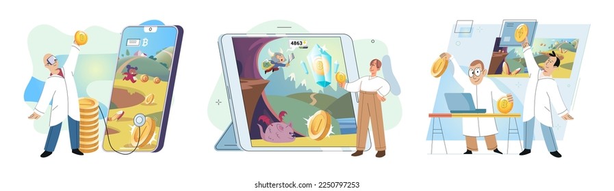 Gaming with cryptocurrency, gameplay to earn, Metaverse, digital world, virtual character . Play to earn games created on basis of blockchain project with elements of NFT. Blackchain mobile game