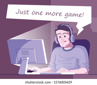 Gaming dependence flat vector illustration. Videogaming addiction. Computer entertainment obsession. Exhausted player with eyebags unable to stop. Gamer playing online game at night cartoon character