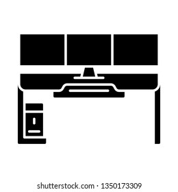 Gaming desk glyph icon. Esports environment. Ergonomic furniture for gameplay. Gamer computer table. Silhouette symbol. Negative space. Vector isolated illustration