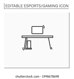 Gaming desk line icon. Comfortable table for playing games. Furniture. Cybersport concept. Isolated vector illustration.Editable stroke
