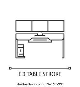 Gaming desk linear icon. Esports environment. Ergonomic furniture for gameplay. Gamer computer table. Thin line illustration. Contour symbol. Vector isolated outline drawing. Editable stroke