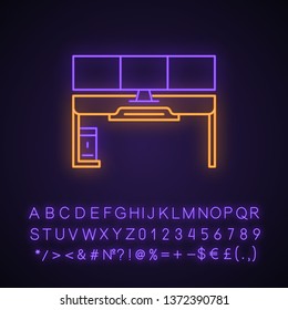 Gaming desk neon light icon. Esports environment. Ergonomic furniture for gameplay. Gamer computer table. Glowing sign with alphabet, numbers and symbols. Vector isolated illustration