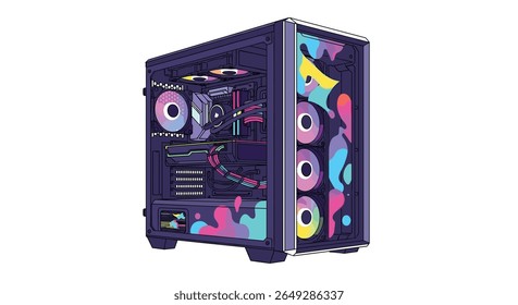 Gaming Desktop Computer Tower with Colorful Abstract Design and Internal Components Visible