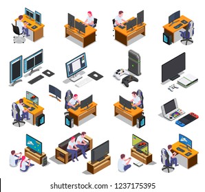 Gaming development isometric set of developers at computer screens and gamers playing video game using  joystick isolated vector illustration