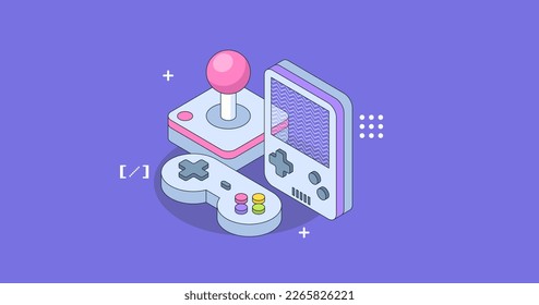 Gaming development for mobile app. Isometric design concept with game console.