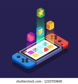 Gaming Development For Mobile App Multicolor Abstract Design Concept With Game Console Equipped With Screen And Buttons Isometric Vector Illustration