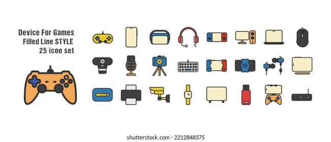 Gaming device icons. 25 icon collection with filled outline style