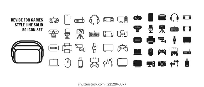 Gaming device icons. 50 icon collection with line and solid style