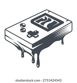 A gaming device with a simple layout is in focus. It has buttons and a screen with a flowing or melting effect. This design represents nostalgia for retro gaming from earlier years.
