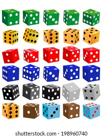 gaming dice of different colors on a white background