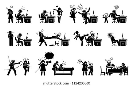 Gaming disorder and gaming addiction. Stick figure icons depict game addict playing computer and smartphone games. They are having a lot of social problem with people around them. 