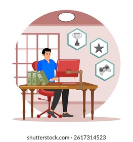 Gaming Disorder Concept. Adult man playing games on computer while working. Modern flat vector illustration