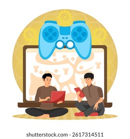 Gaming disorder concept. Two man overusing his laptop and smartphone, addicted to game addiction. Flat vector modern illustration