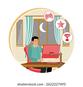 Gaming disorder. Man gaming on computer playing addictive online video game at home.