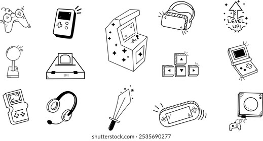 Juego doddle set, dibujado a mano garabato conjunto, nostálgico Nintendo diseño Pack, icono para el juego de jugador Partido.