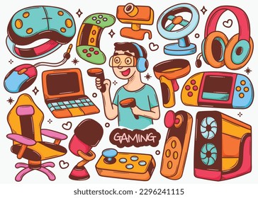 Gaming Doodle Hand Drawn Color Vector Collection