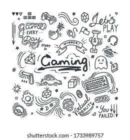 Gaming doodle set. Virtual reality, computers, game genres and related objects. Vector illustration