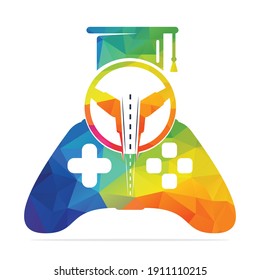 Gaming Driving School Logo. Joystick steering wheel and graduation cap combination.