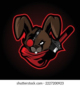 Gaming e sports logo of a rabbit with an eye patch carrying a sword on his back. A Ninja bunny with a dangerous look. for gamers around the world. 