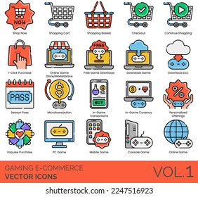 Gaming E-commerce Icons including Action, Bestsellers, Checkout, Console Game, Continue Shopping, Controller, Download DLC, Download , FPS, Free, Deals, Sales, Library