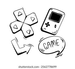 Gaming elements in black and white, including a directional pad, handheld console, arrow, and Game text. Clean, minimalist, and retro-inspired design. Vector illustrations isolated on white background