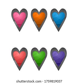 Gaming elements isolated on white background. Design for computer game. Symbols and icons. Collection buttons for games and app. Different colors hearts. Cartoon interface.