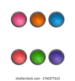 Elementos de juego aislados en fondo blanco. Diseño para juegos de computadora. Símbolos e iconos. Colección de botones redondos para juegos y aplicaciones. Botón de inicio de colores diferentes. Interfaz de dibujos animados.