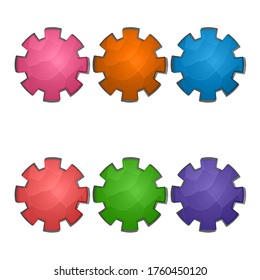 Gaming elements isolated on white background. Design for computer game. Symbols and icons. Collection buttons play for games and app. Different colors cogwheel button. Cartoon interface.