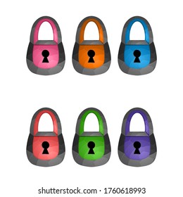 Gaming elements isolated on white background. Design for computer game. Symbols and icons. Collection buttons play for games and app. Different colors lock button. Cartoon interface.