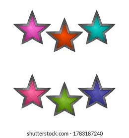 Elementos de juego aislados en fondo blanco. Diseño para juegos de computadora. Símbolos e iconos. Botones de colección para juegos y aplicaciones. Botón de estrellas de colores diferentes.