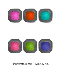 Elementos de juego aislados en fondo blanco. Diseño para juegos de computadora. Símbolos e iconos. Botones cuadrados de colección que juegan para juegos y aplicaciones. Botón de inicio de colores diferentes. Interfaz de dibujos animados.
