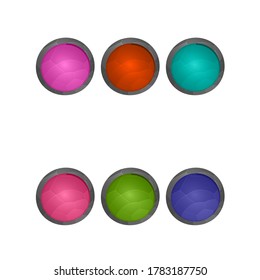 Elementos de juego aislados en fondo blanco. Diseño para juegos de computadora. Símbolos e iconos. Colección de botones redondos para juegos y aplicaciones. Botón de inicio de colores diferentes. Interfaz de dibujos animados.