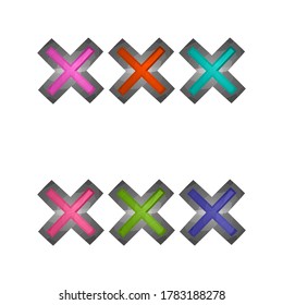 Elementos de juego aislados en fondo blanco. Diseño para juegos de computadora. Símbolos NO e iconos. Botones de colección borrados para juegos y aplicaciones. Botón de cruce de colores diferentes. Interfaz de dibujos animados.