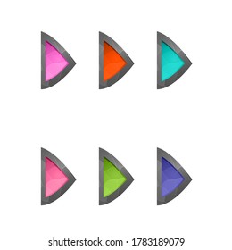 Gaming elements isolated on white background. Design for computer game. Symbols and icons. Collection buttons play for games and app. Different colors start button. Cartoon interface.