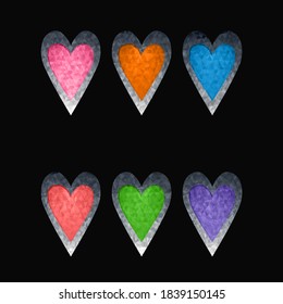 Gaming elements isolated on white background. Design for computer game. Symbols and icons. Collection buttons for games and app. Different colors hearts. Cartoon interface.