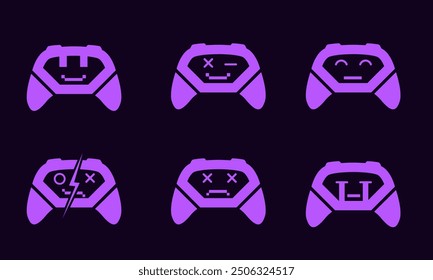 Gaming emotes. Game controller emoji. Joystick controller retro icons with faces and different emotions. Icons for gamer to use in streaming and as subscriber badges. 