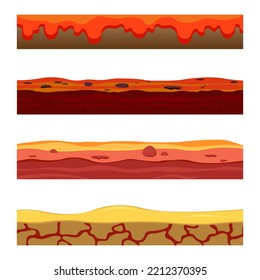 Gaming environment: landscape. Ground, soil, water surface, for custom games. 2D game platform. Vector illustration of earth, fiery lava