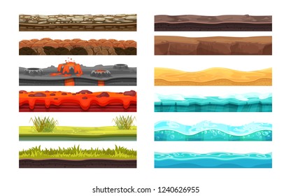 Gaming environment: landscape, surroundings. Ground, soil, water surface, for UI games. 2D gaming platform. Soil, sandy ground, lava, lawn surface, water, snow. Vector illustration.