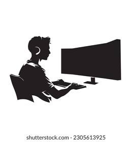 Gaming, esport player sitting on chair and playing computer game, isolated vector silhouette