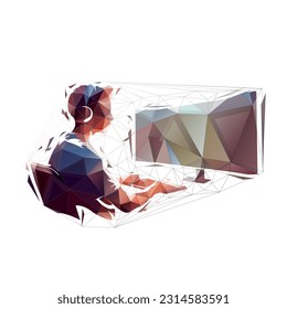 Gaming, esport player sitting on chair and playing computer game, low polygonal isolated vector illustration from triangles