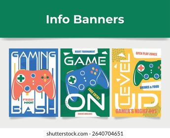 Gaming esport video games event advertising poster design template set vector flat illustration. Cybersport gamer digital entertainment electronic gamepad console tournament information banner