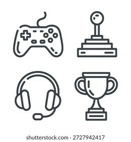 Juego y Esports Icon Set - Controlador, joystick, auriculares y trofeo