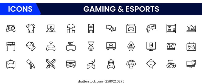 Gaming and esports line icons related to video games, gaming, technology, gadgets, and sports. Vector illustration.