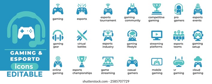 Gaming and Esports vector icon set perfect for tournaments, streaming, pro gamers, and game branding. Fully editable
