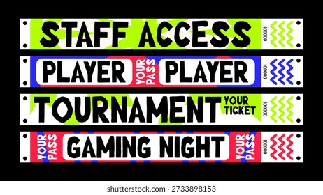 Pulseiras de acesso a eventos de jogos para jogadores de e-sports, tripulação e espectadores, dando passes de admissão VIP e geral. Layout de desenho animado vetorial de uma pulseira futurista de neon, doodle colorido