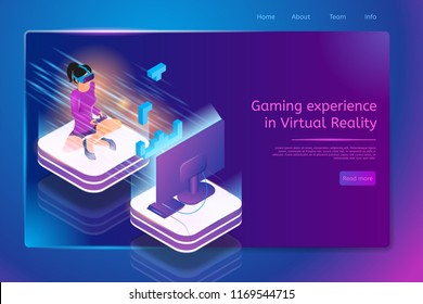 Gaming Experience in Virtual Reality Isometric Web Banner with Woman in VR Headset, Sitting on Floor with Gamepad and Playing Console Video Game. Online Gaming Hub Web Page Template with Hyperlinks