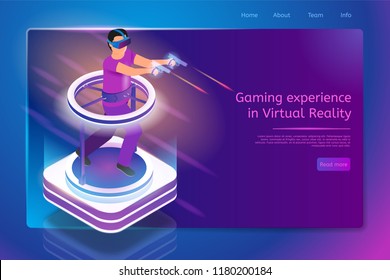 Gaming Experience in Virtual Reality Isometric Web Banner with Man in VR Goggles, Running on Treadmill, Shooting with Pistols while Playing Computer Game. Gaming Saloon Site Template with Hyperlinks