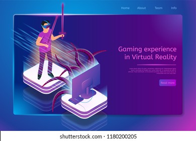 Gaming Experience in Virtual Reality Isometric Web Banner with Man Fighting Monster While Playing Video Console Game in VR Headset. Network 3d Gaming Service Landing Page Template with Hyperlinks